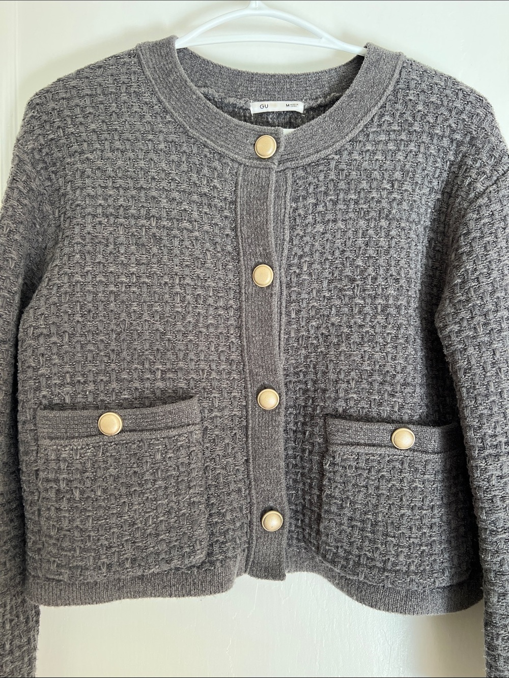 GU by Uniqlo Waffle-Knit Button Front Sweater - Gray